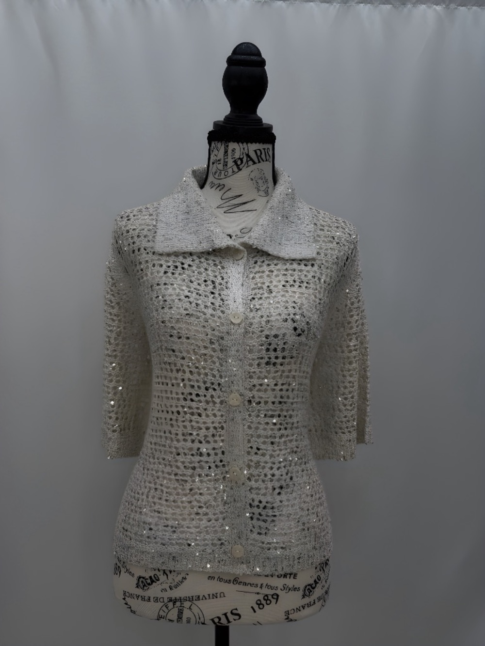 Vero Moda Silver-Cream Open-Knit Sequin Cardigan